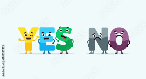 Funny Yes and No letters with faces smiling and frowning in a cartoon style, representing choice and decision making