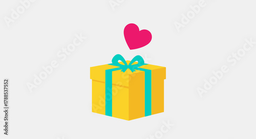 Happy birthday gift box with pink heart floating above, ideal for celebrations and special occasions, bright and cheerful illustration