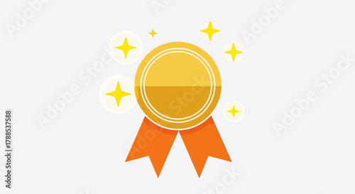 A golden medal with orange ribbons and sparkling stars, symbolizing achievement and victory