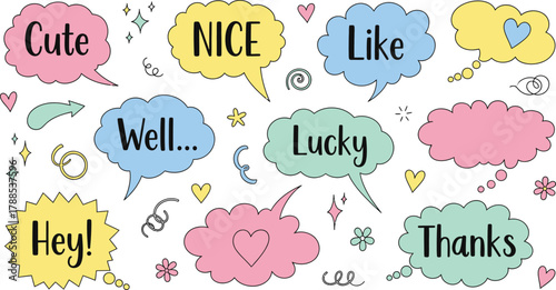 Colorful Speech Bubbles with Cute Words like Nice Lucky Hey on Transparent Background