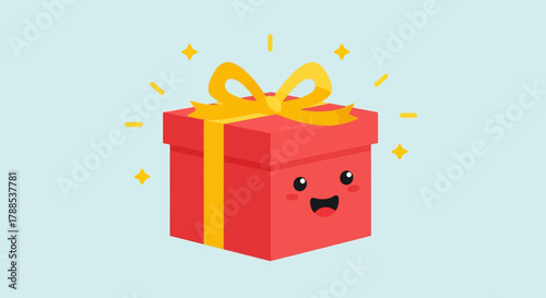 A brightly wrapped red gift box with a cheerful face and sparkling light effects, symbolizing celebration and surprise