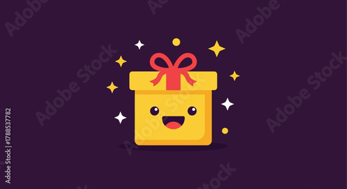 A Cheerful Yellow Gift Box Icon with a Red Ribbon and Sparkles, Celebrating a Festive Occasion or Special Event