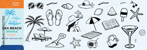 Hand-drawn doodle beach and surf icon vector set in retro colors with tropical elements like palm trees, waves, surfboards, and sun. Perfect for summer designs, t-shirts, posters, and coastal designs.