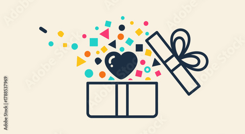 Open gift box overflowing with colorful confetti and a heart icon, symbolizing celebration and surprises