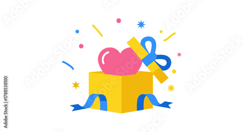 Beautifully Wrapped Gift Box With a Pink Heart and Confetti, Celebrating Love and Surprise