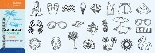 Hand-drawn doodle beach and surf icon vector set in retro colors with tropical elements like palm trees, waves, surfboards, and sun. Perfect for summer designs, t-shirts, posters, and coastal designs.