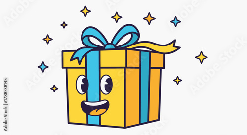 A cheerful, cartoon-style yellow gift box with a blue ribbon and a smiling face, surrounded by sparkling stars, representing joy and celebration