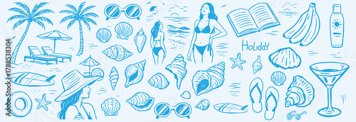 Hand-drawn doodle beach and surf icon vector set in retro colors with tropical elements like palm trees, waves, surfboards, and sun. Perfect for summer designs, t-shirts, posters, and coastal designs.
