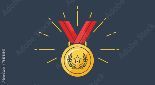 Golden medal with red ribbon and glowing rays, symbol of achievement and victory on dark background