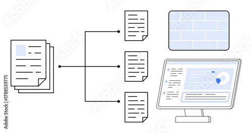 Documents connected by lines to smaller document sections, linked to a computer screen with analytical data output. Ideal for data management, automation, workflow, analytics, tech, organization