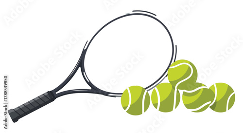 A classic tennis racket lies next to a pile of bright yellow tennis balls on a white background