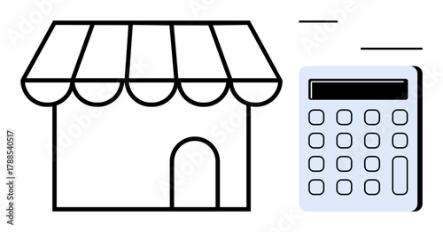 Storefront with striped awning paired with calculator, symbolizing budgeting, accounting, e-commerce, retail finance, business planning, investments, and entrepreneurship. Simple flat metaphor