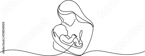 Elegant line art illustration of mother lovingly holding her baby in tender embrace moment