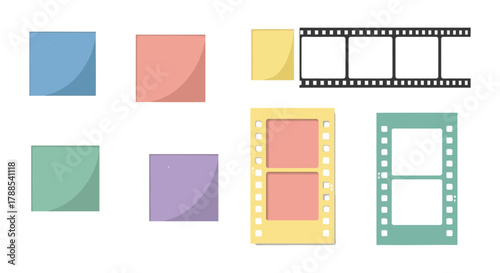 Collection of vintage instant photo prints and film strips with blank spaces for memories