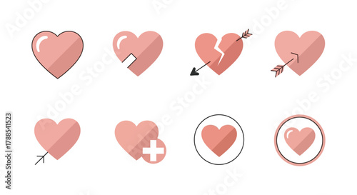 Collection of eight stylized pink heart icons representing love and relationships with various symbolic elements