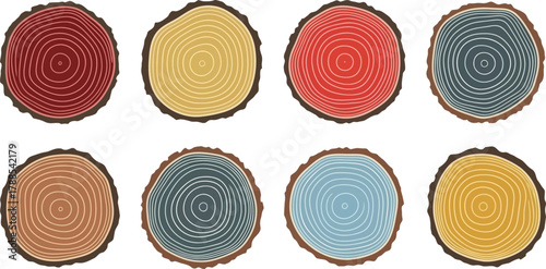 Colorful Tree Rings Set, Wood Texture Collection, Lumber Pattern on White Background