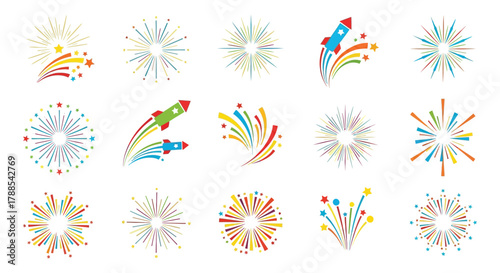 Collection of colorful abstract fireworks and abstract bursts of light and color