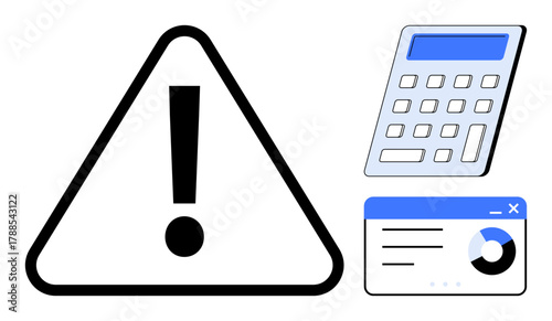 Triangular warning sign, calculator, and analytics dashboard. Ideal for finance, data analysis, error prevention, risk management, alerts problem-solving decision-making. Simple flat metaphor