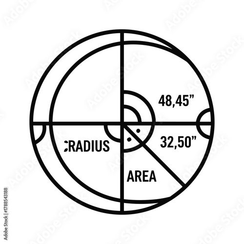 Circle with radius, area, and angle measurements
