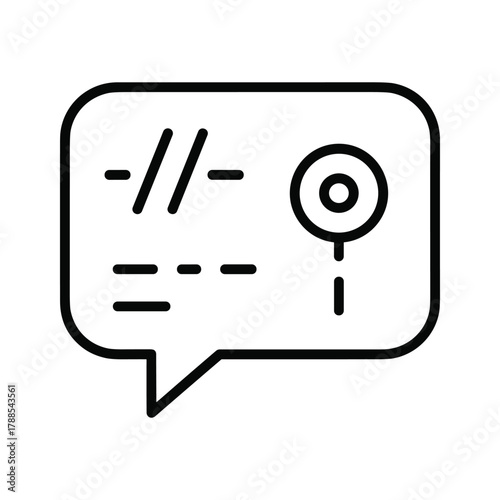 Speech bubble with code snippet and magnifying glass symbolizing code review or analysis