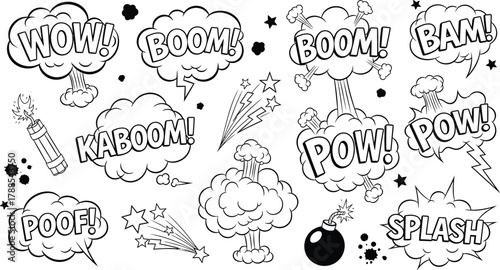 Comic Explosion Bubbles Wow, Boom, Kaboom, Pow, Splash – Line Art Illustrations