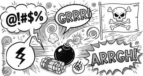 Comic Explosion Elements Pirate Flag, Bomb, Speech Bubbles Isolated on White Background