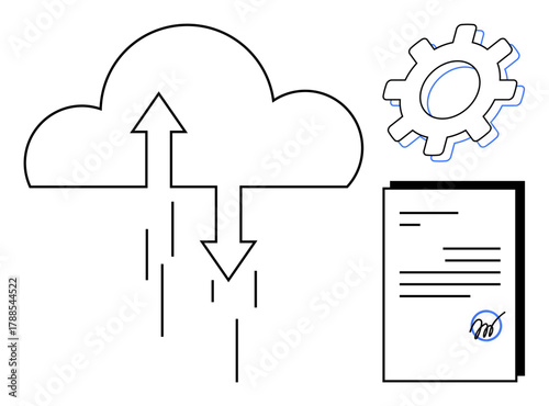 Cloud with arrows, document with signature, and gear represent cloud storage, data sharing, digital contracts, automation, productivity, connectivity and tech workflows. Ideal for workflow use