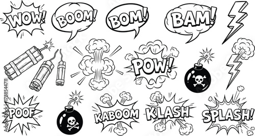 Comic Explosion Elements with Dynamite, Bomb, Lightning and Speech Bubbles Outlined