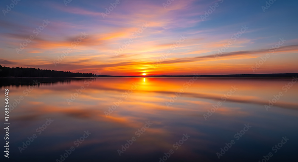 Naklejka premium A serene sunset reflecting on the still lake water with a colorful sky and distant trees horizon