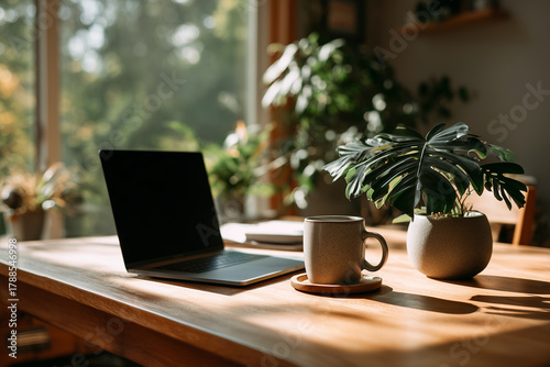 cozy work setup, desk scene with coffee and nature, serene workspace bathed in gentle morning glow
