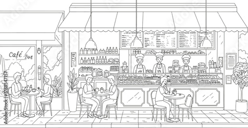 Black and white line art of café interior and exterior with staff, customers, and menu board for lifestyle and food content