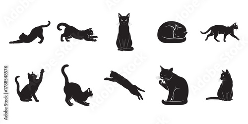 Black Cat Silhouettes Collection, Various Poses, Feline Vector Illustration Set, Pet Icons