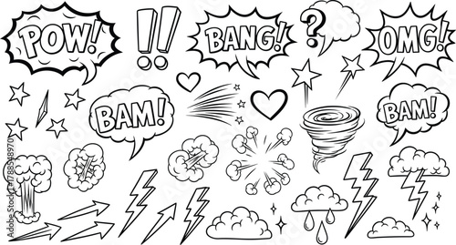 Comic Speech Bubbles with Pow Bang Omg and Lightning Bolt Set on Transparent Background