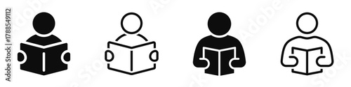 Reading book icon set. Reader, education, learning, learn. Read book symbol on white background - stock vector.