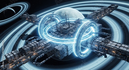 Fototapeta Naklejka Na Ścianę i Meble -  Envision a futuristic space station with glowing rings orbiting a colossal planet and its celestial rings, perfect for sci-fi projects.