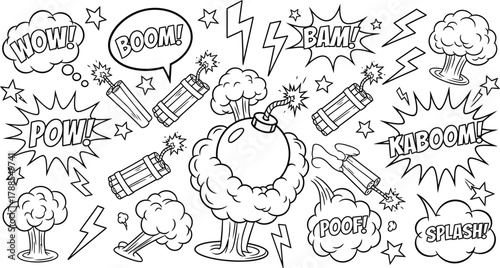 Comic Style Explosion Elements Collection with Dynamic Effects on Transparent Background