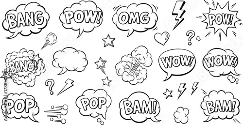 Comic Style Speech Bubbles with Sound Effects, Outlined Expressions on Transparent Background