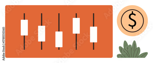 Candlestick chart bars on orange background with dollar icon and green plant. Ideal for finance, trading, investment, profit analysis, economic growth, financial reports, abstract data. Simple flat
