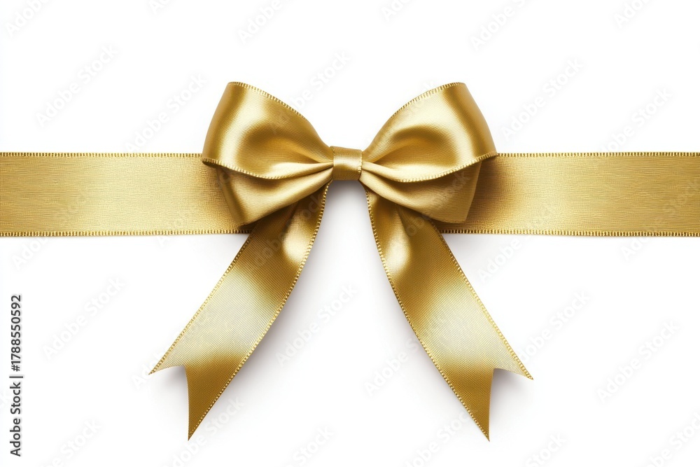 Fototapeta premium Golden metallic ribbon tied in a symmetrical bow, ideal for luxury packaging and holiday mockups.