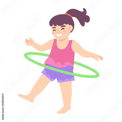 Happy little girl playing with hula hoop isolated on white background. Flat vector illustration.