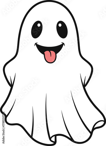 Cartoon ghost with playful smile and tongue out, vector illustration for Halloween design, spooky fun, and friendly character concept