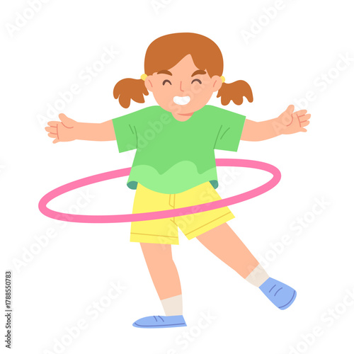 Happy little girl smiling and playing hula hoop. Active exercise for children. Fun activity for kids. Flat vector illustration.