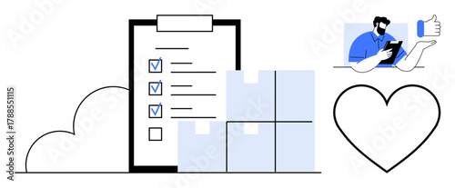 Checklist with marked items, stacked boxes, heart symbol, and a person giving feedback on a tablet. Ideal for logistics, management, productivity, customer experience, feedback delivery