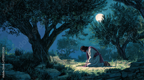 Jesus praying under moonlight in olive garden before crucifixion