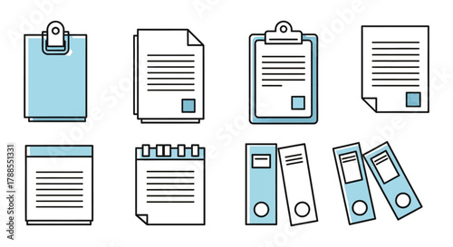 Collection of illustrated office documents including clipboards paper sheets and binders in a clean graphic style