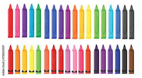 A vibrant collection of colorful markers and crayons arranged in two neat rows on a white background