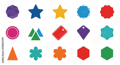 Collection of colorful geometric shapes and gemstones in a flat design style