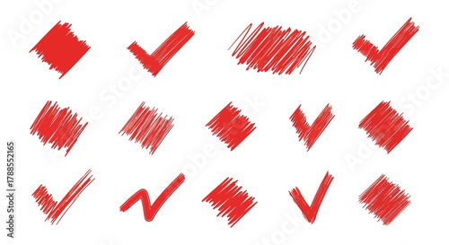 Collection of hand drawn red check marks and scribble marks on white background