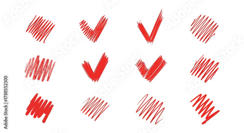 Collection of hand drawn red checkmarks and scribbled marks on a white background