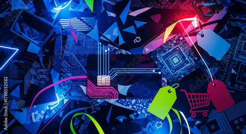 Abstract digital commerce background with technology and shopping symbols  